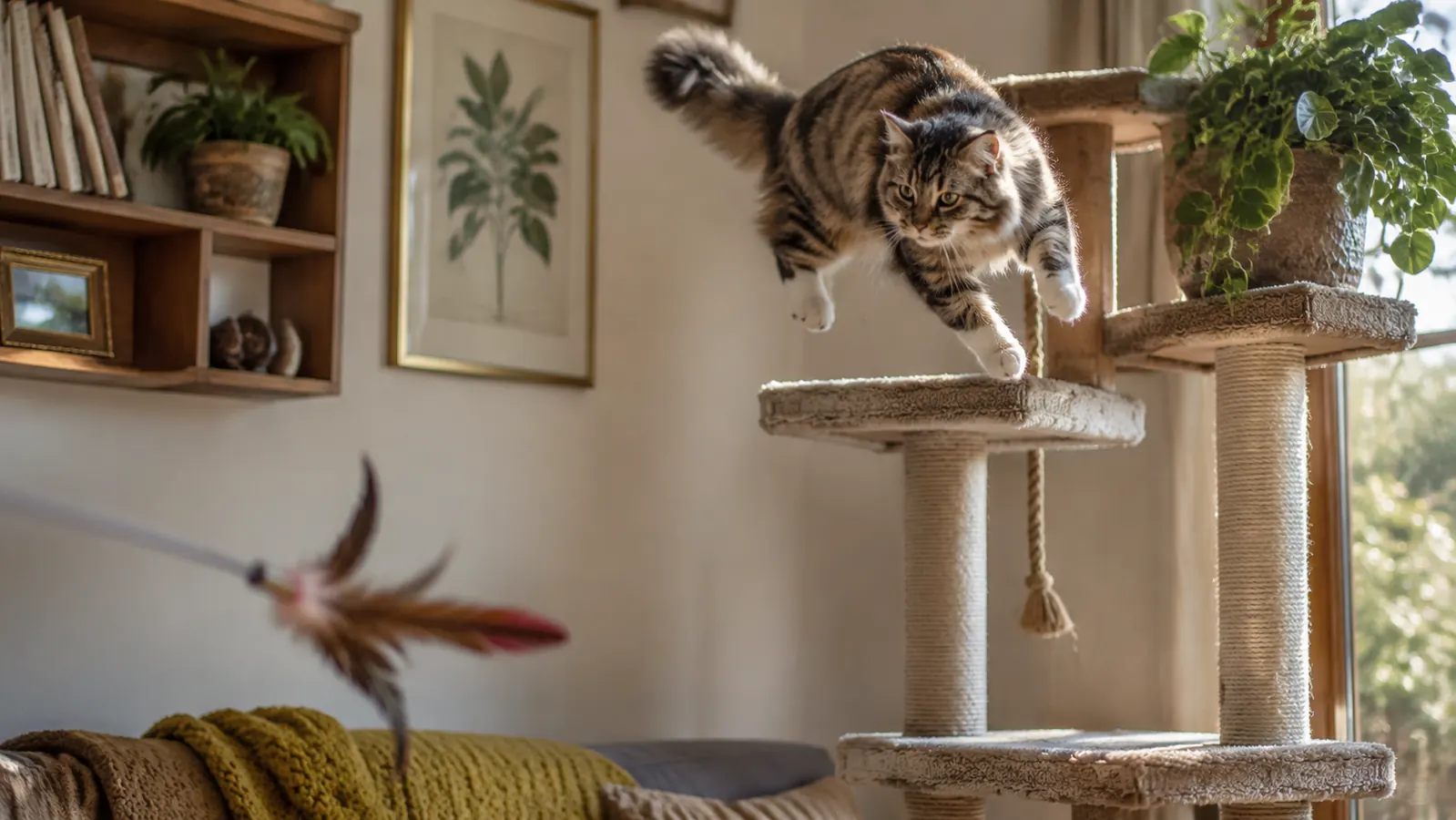 Cat mid-leap onto the second level of a cat tree during a wand toy play session