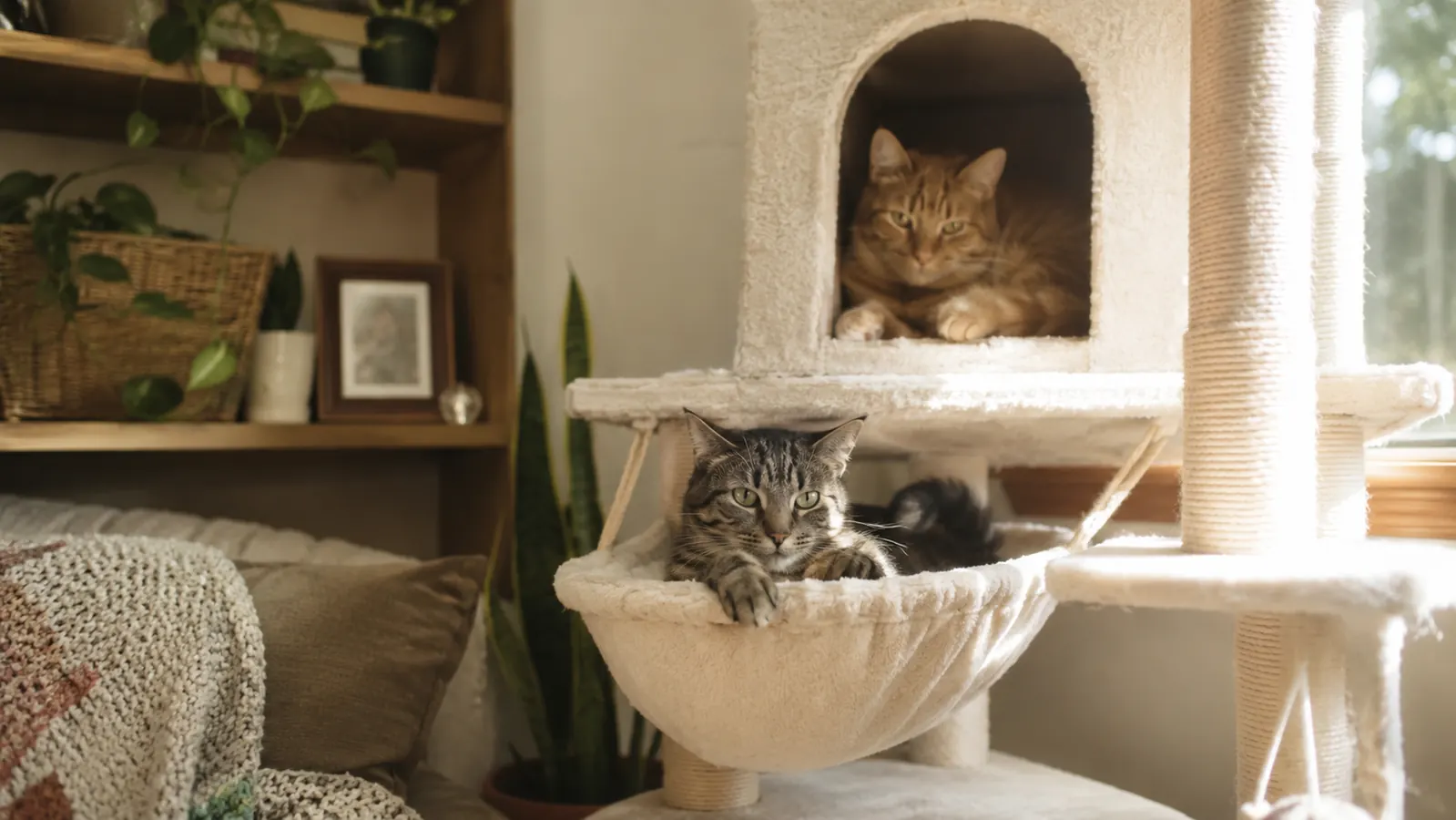 Two cats sharing a cat tree, one in the hammock and one on the upper condo