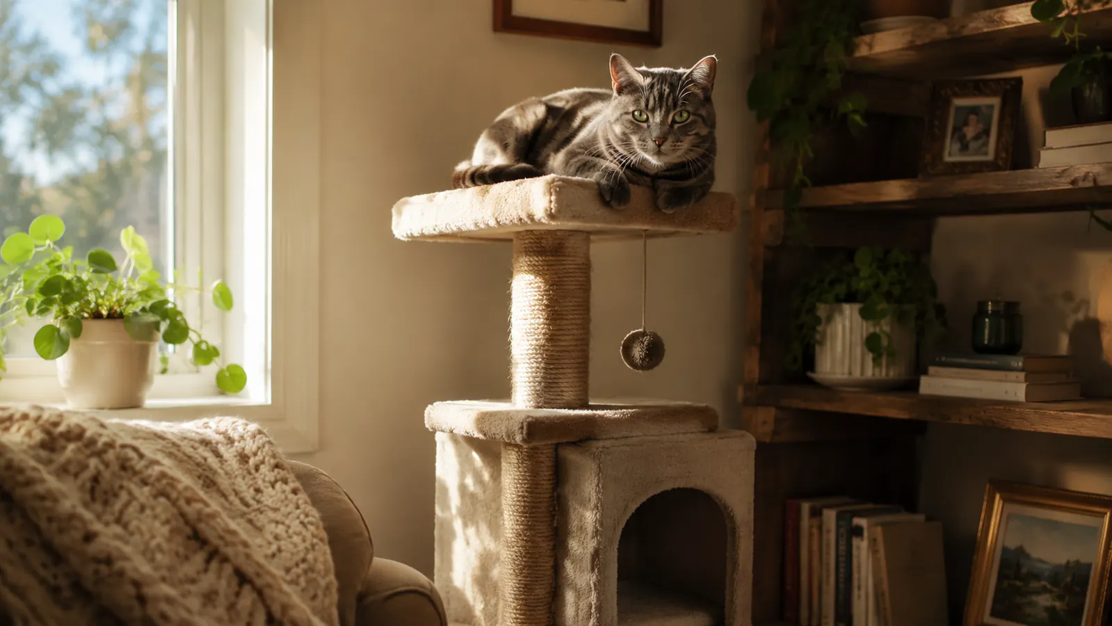 Gray tabby cat sitting on top platform of a tall beige cat tree next to a sunny window