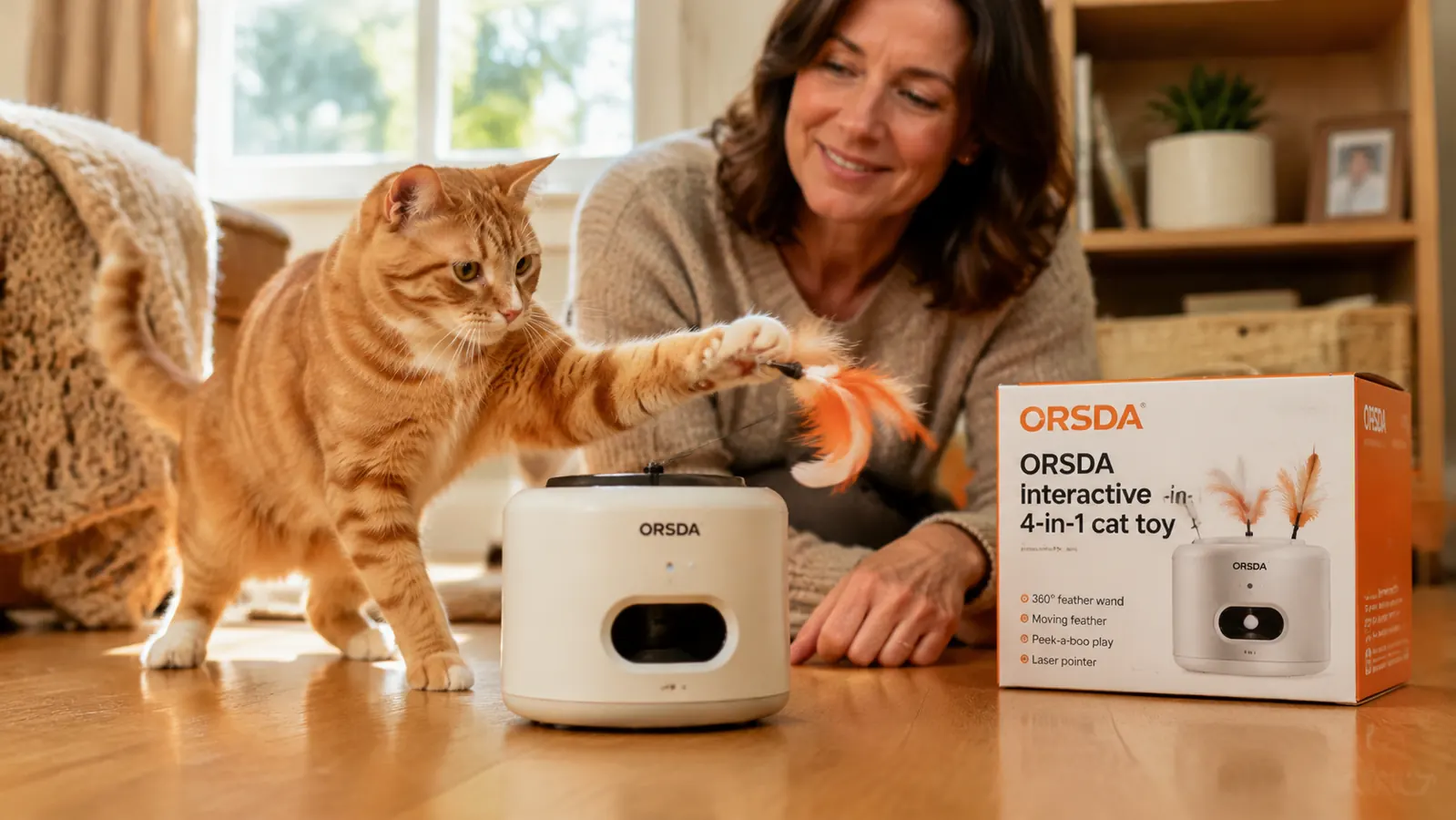 Orange cat batting at the feather wand of an ORSDA automatic cat toy on a hardwood floor