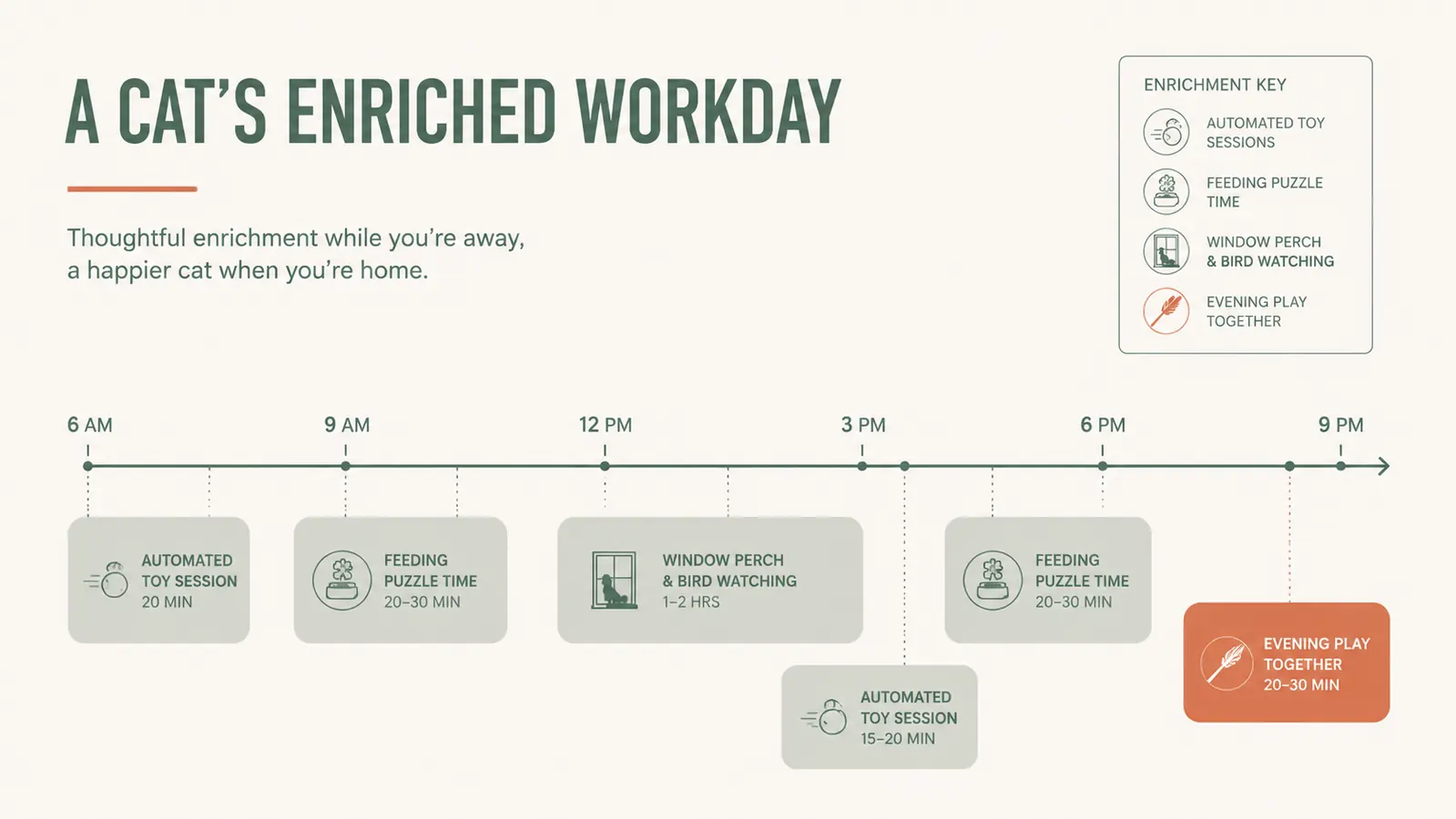 Diagram showing a sample daily cat enrichment schedule divided into morning, midday, and evening blocks