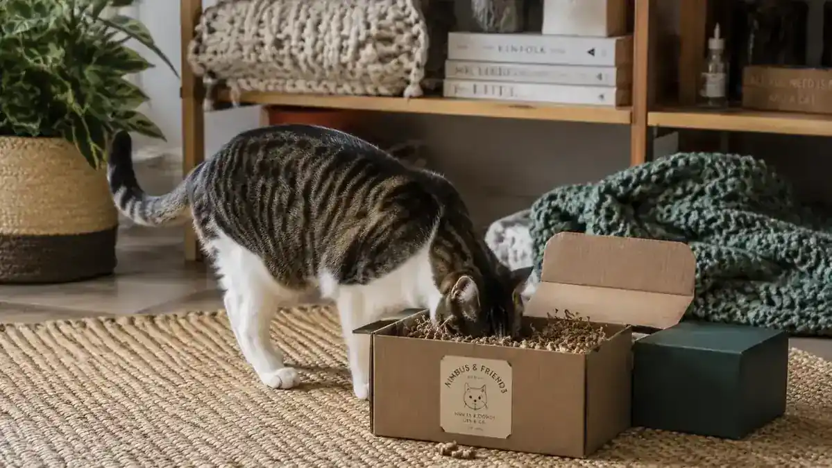 Cat sniffing a cardboard foraging box filled with crinkle paper and hidden treats