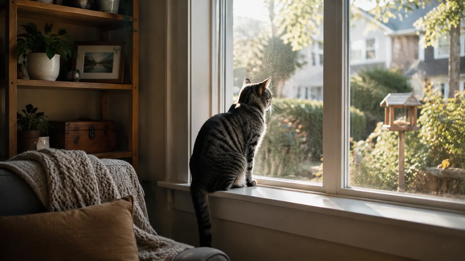 Gray tabby cat sitting on a window perch looking out at a bird feeder in soft morning light