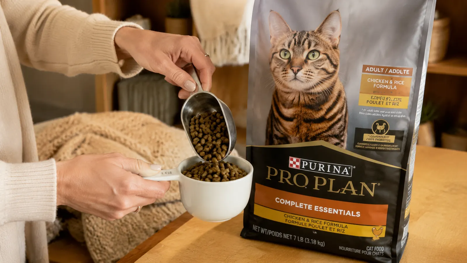 Hand scooping dry cat kibble from a large bag of Purina Pro Plan into a measuring cup