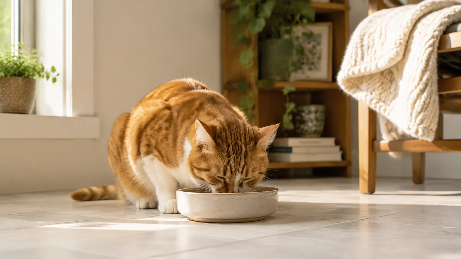 Orange and white cat eating from a ceramic bowl on a kitchen floor