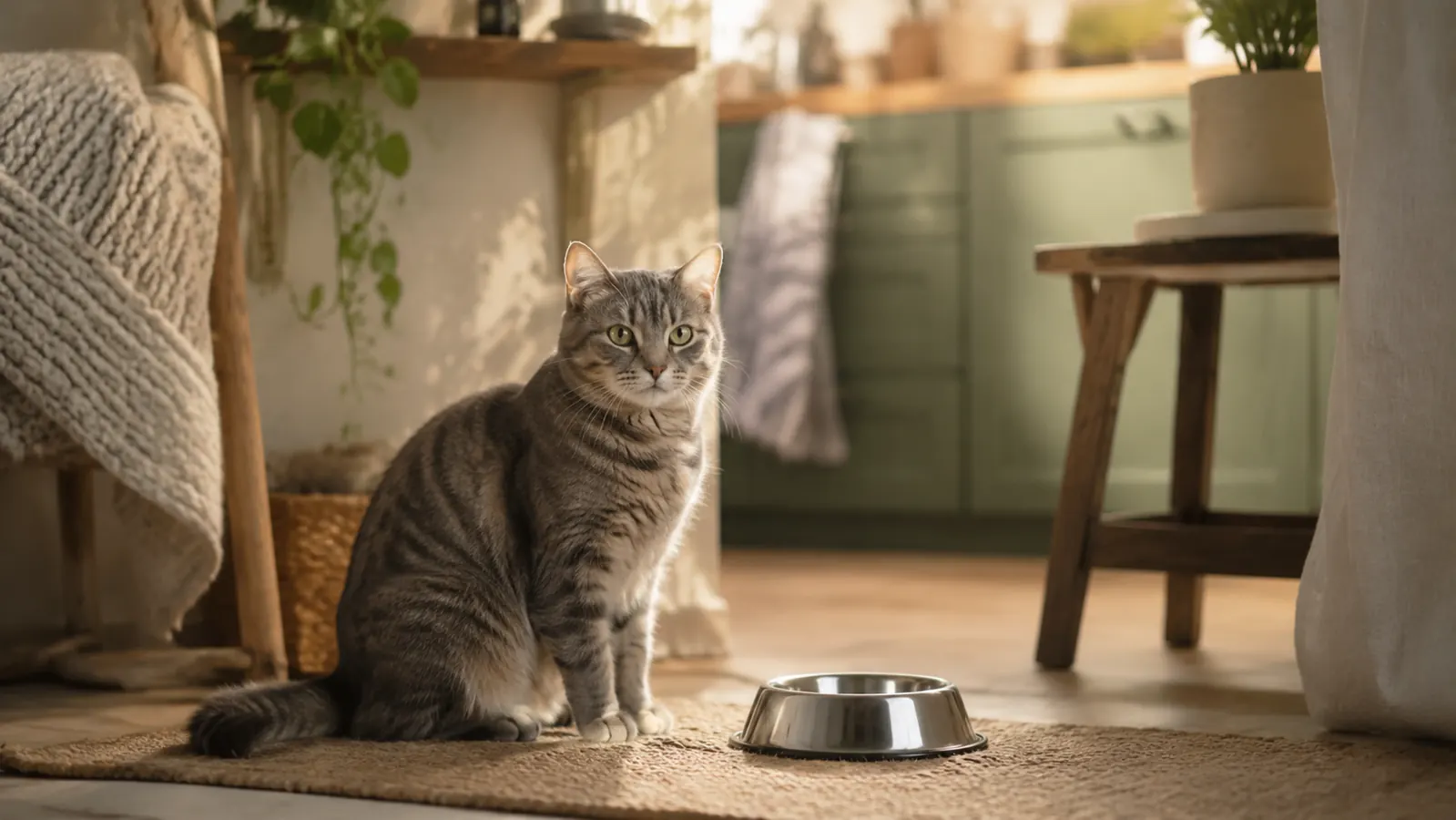Gray tabby cat sitting attentively next to a stainless steel food bowl on a light wood floor