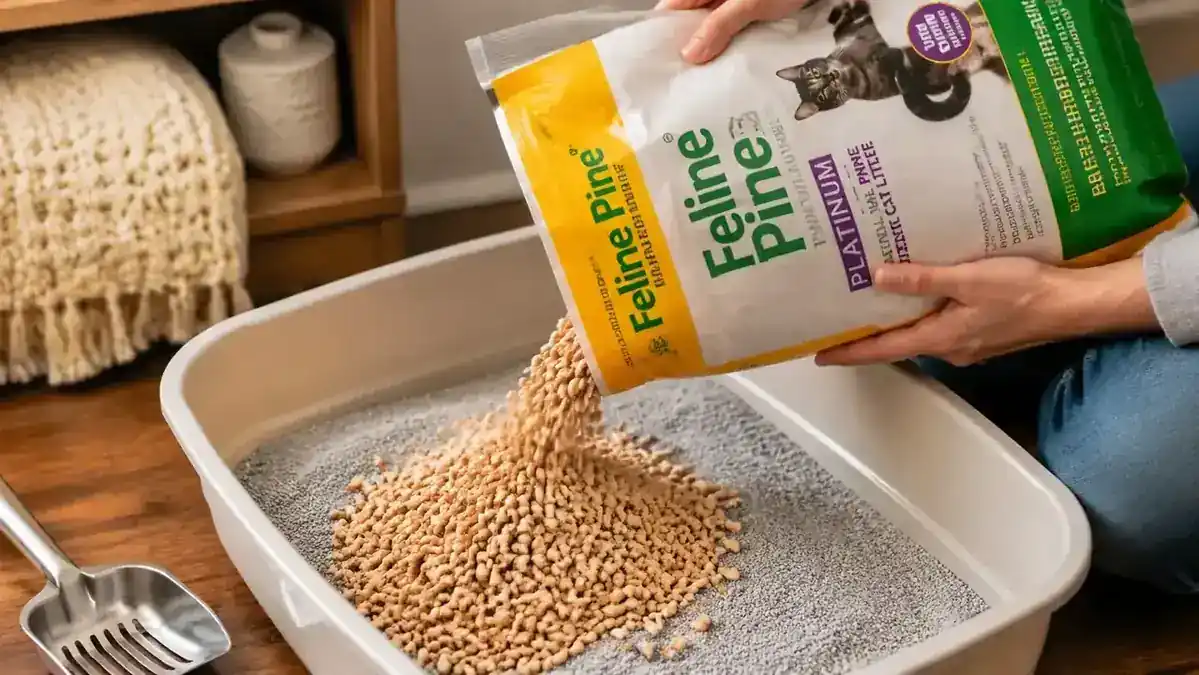Hand pouring Feline Pine Platinum pellets from bag into a litter box already containing clumping clay litter, showing the mix-in layer