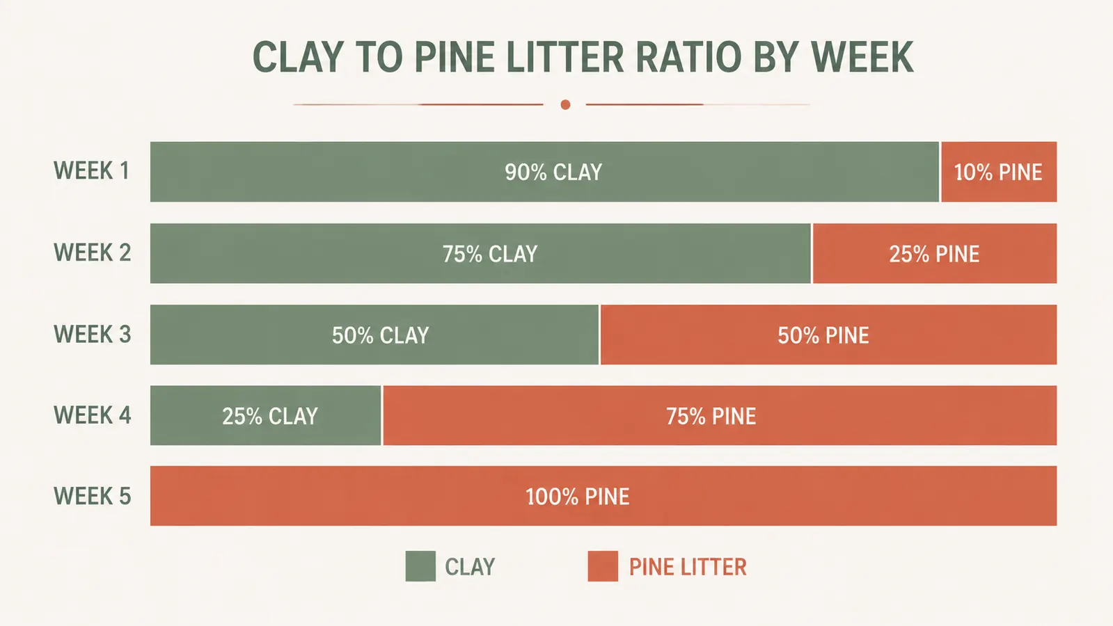 Chart showing recommended pine-to-clay litter ratio over a five-week transition timeline