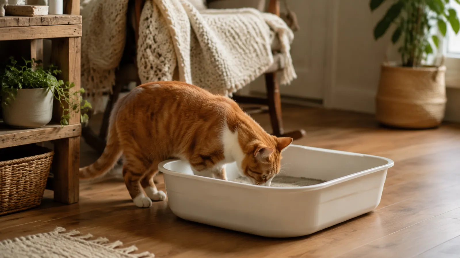 Orange tuxedo cat sniffing inside a clean litter box, curious expression