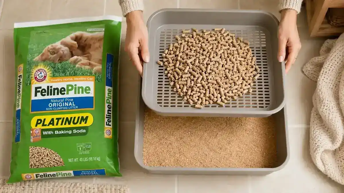 Litter box setup showing a sifting tray insert and pine pellets, with sawdust collected in the lower tray