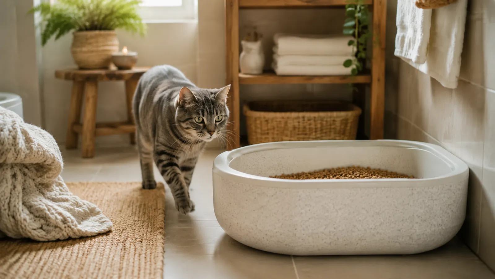 Clean litter box with pine wood pellets on light-colored tile floor, gray tabby cat approaching from background
