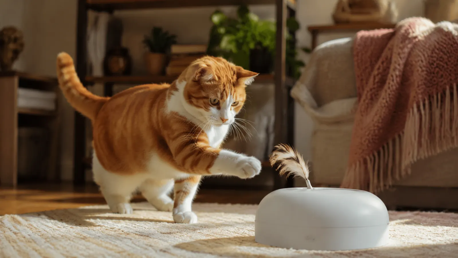 Orange tuxedo cat batting at a hide-and-seek mole popping up from the ORSDA toy base