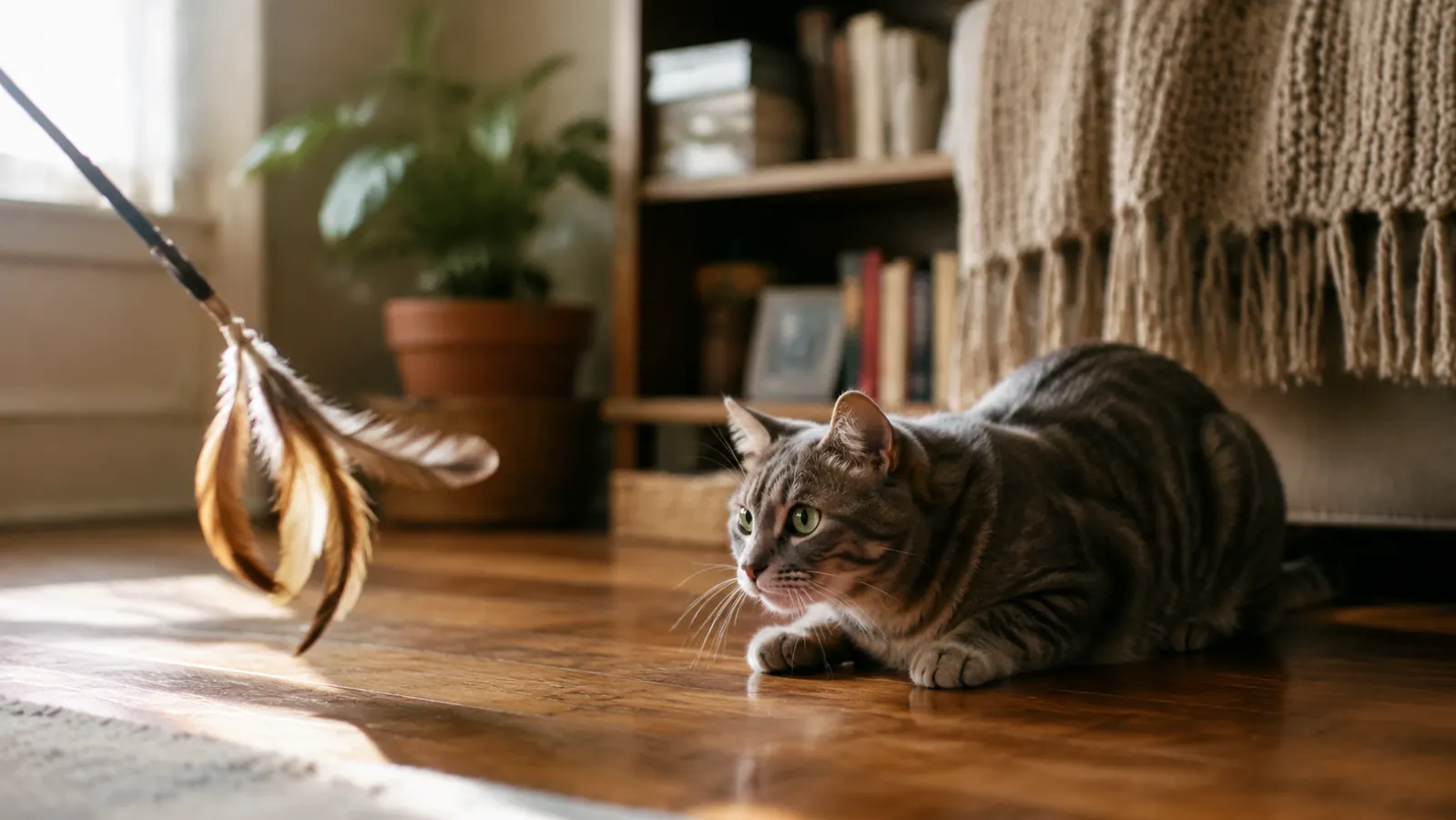 ORSDA 4-in-1 cat toy on a hardwood floor with a tabby cat watching a feather wand in motion