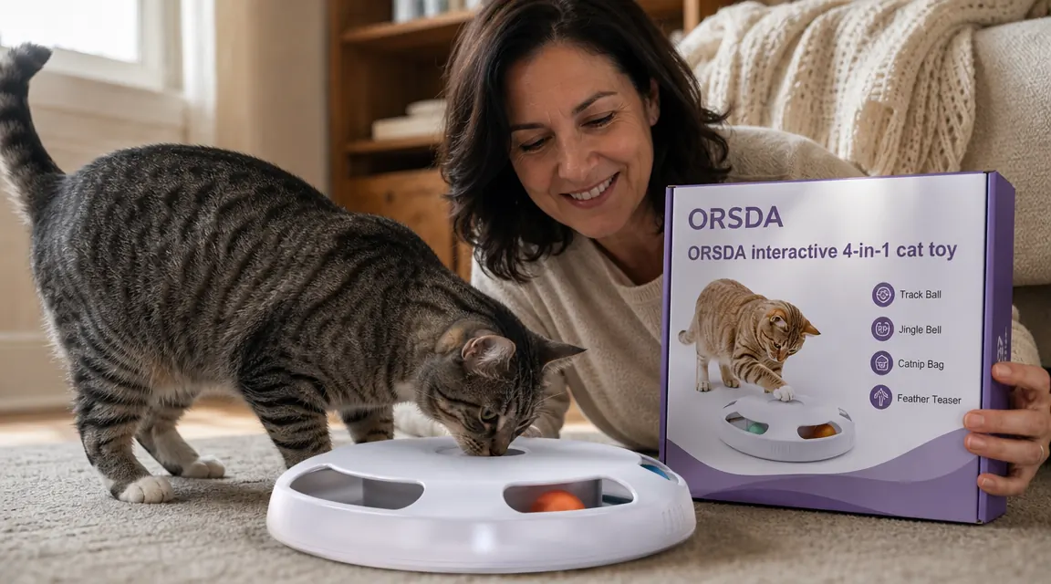 Close-up of the ORSDA 4-in-1 cat toy with a gray tabby sniffing the center pop-up mole port