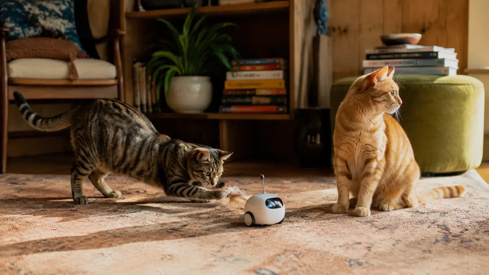 Two cats sitting near the ORSDA toy on a living room rug, one watching intently while the other has already lost interest