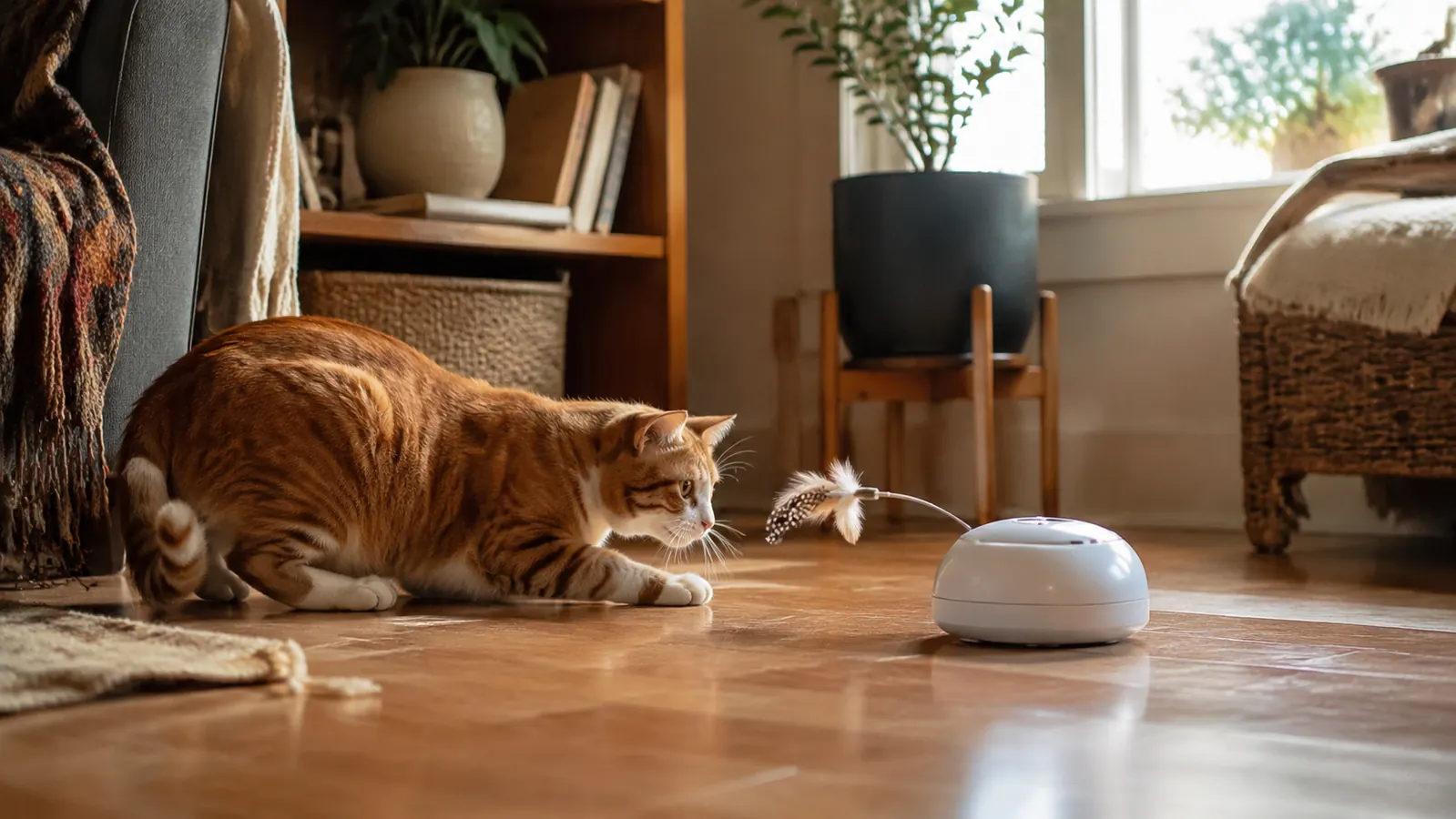 Orange tabby cat batting at a spinning wand arm on an automatic cat toy placed on a hardwood floor