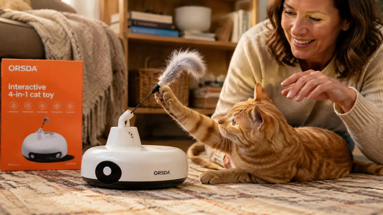 ORSDA 4-in-1 interactive cat toy on hardwood floor with cat paw reaching into the wand hole