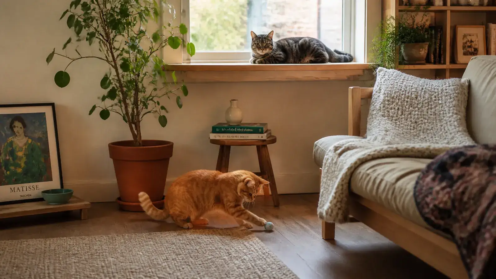 Gray tabby cat sitting calmly on a window perch while an orange cat plays with a toy on the floor below