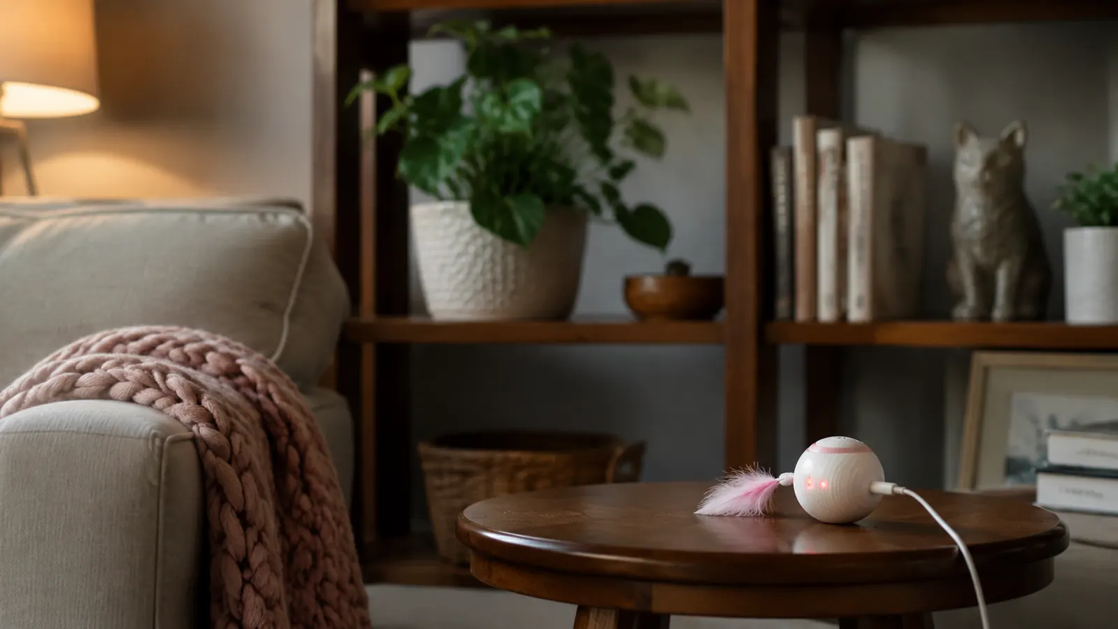 Tidy living room with cat toy plugged into USB charger on a side table, plant on nearby shelf undisturbed