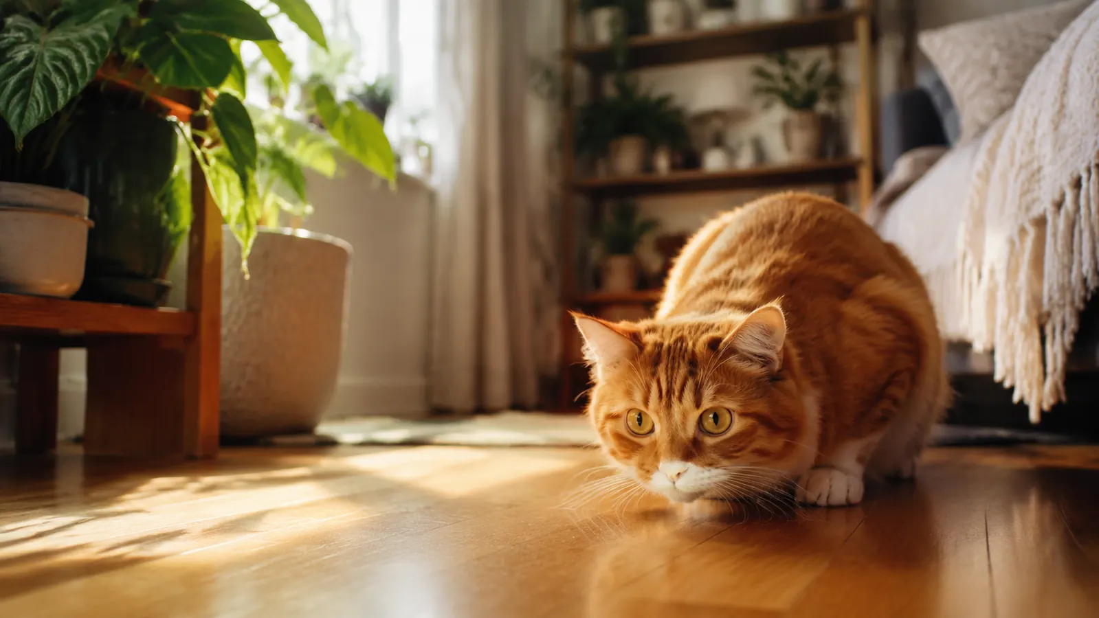 Orange tuxedo cat crouched on hardwood floor, intensely focused on a small moving toy in front of him, afternoon light coming through a window