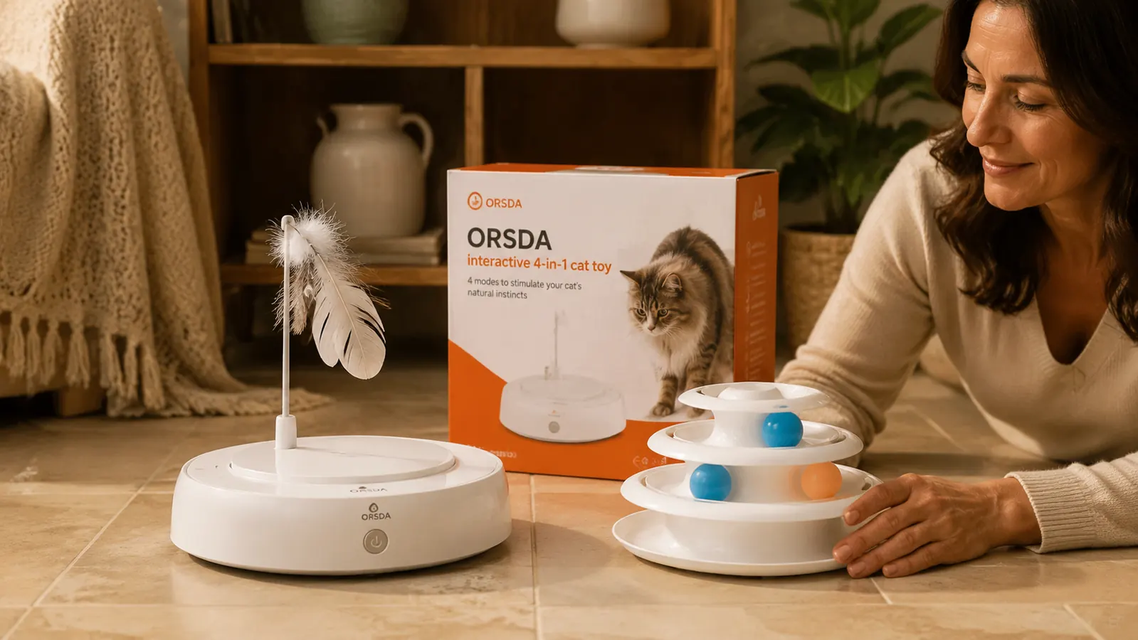 Side-by-side of the ORSDA 4-in-1 toy next to the Petstages Tower of Tracks on a kitchen floor