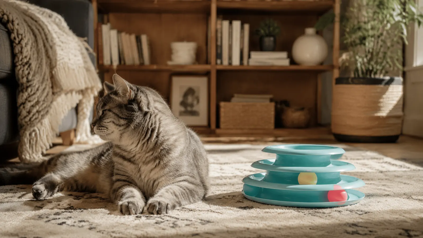 Gray tabby cat lying next to the Petstages Tower of Tracks, looking away, disinterested