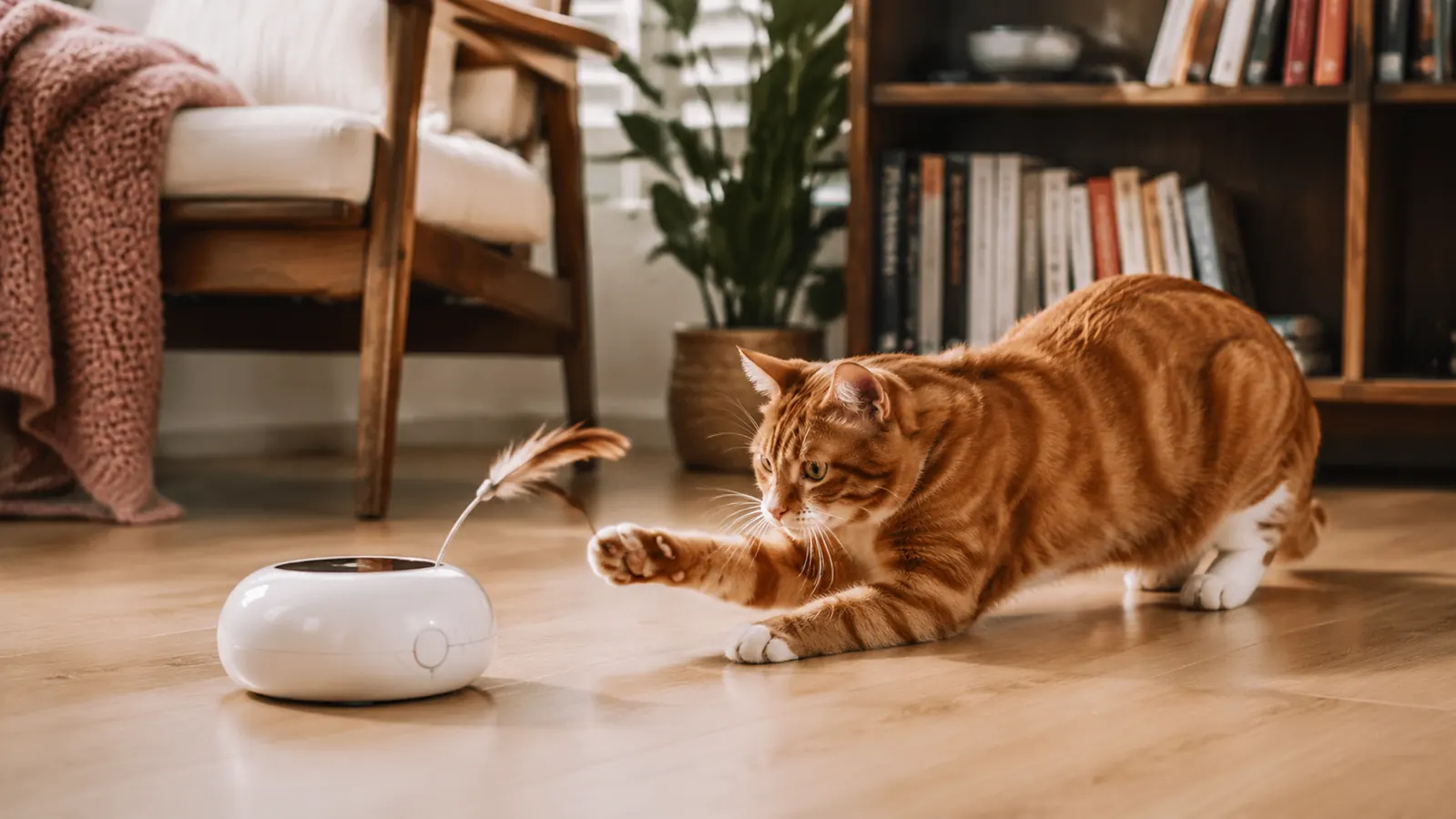 Orange tabby cat batting at the feather wand attachment on the ORSDA 4-in-1 automatic cat toy on a hardwood floor