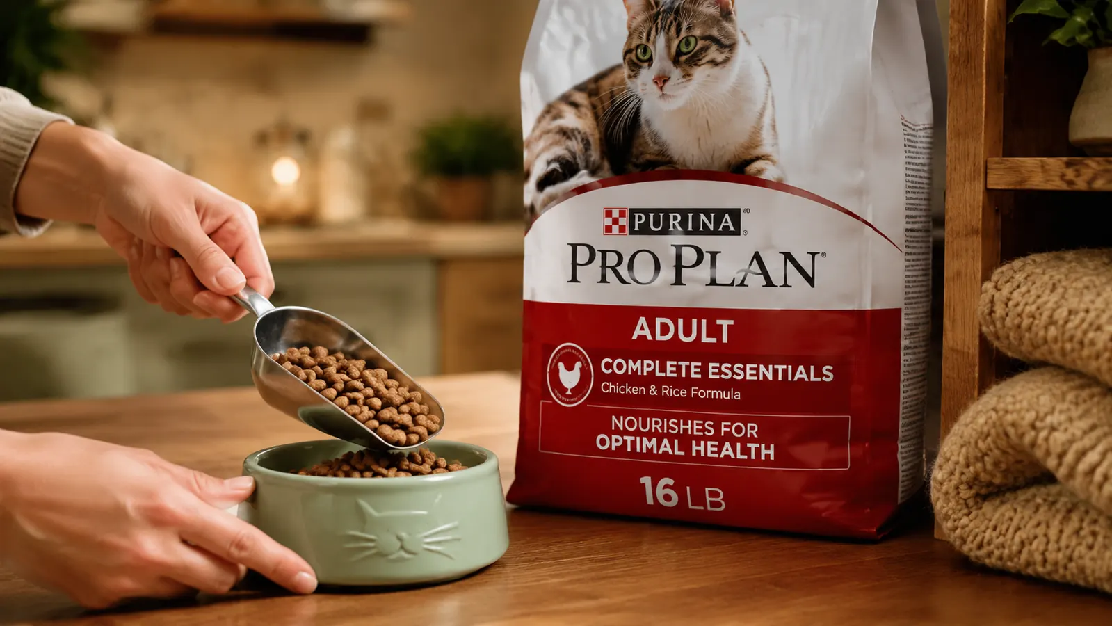 Close-up of a hand scooping Purina Pro Plan kibble into a ceramic cat bowl