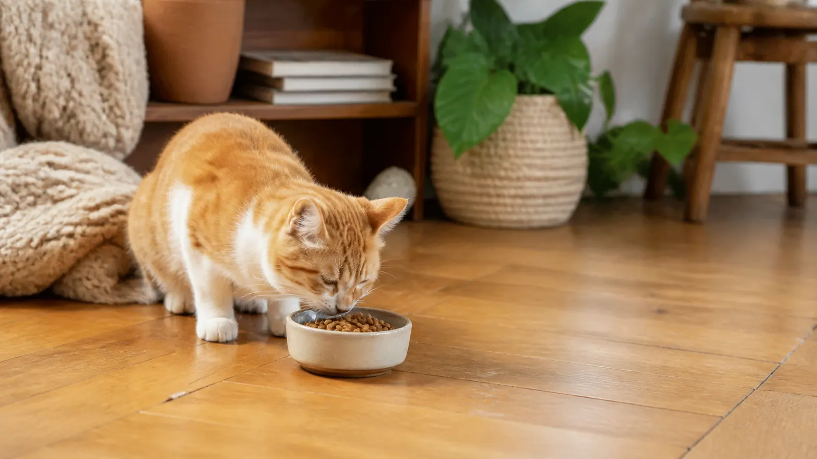 Orange tuxedo cat sniffing a bowl of dry kibble placed on a wooden floor