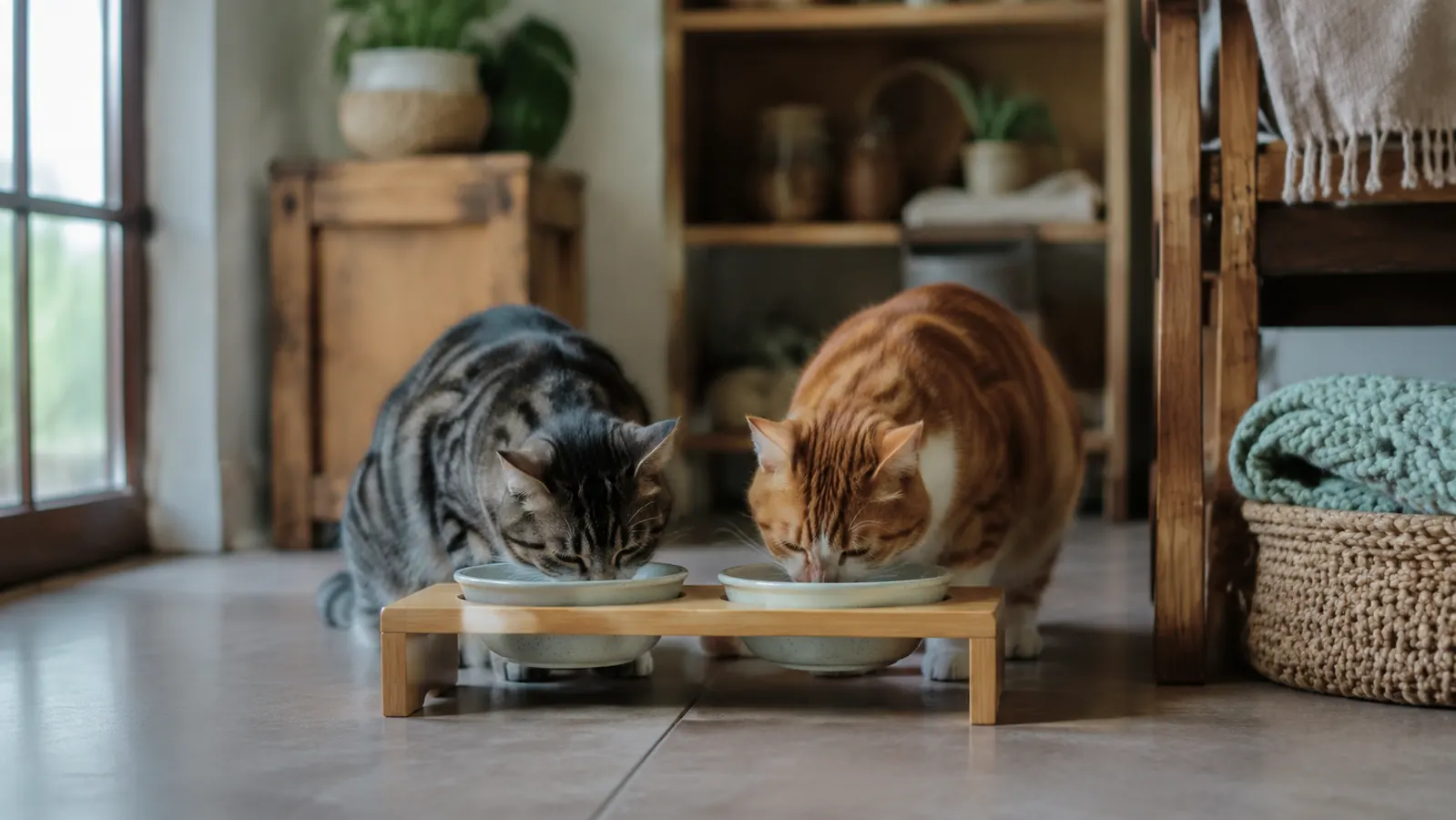 Gray tabby and orange tuxedo cat eating from separate bowls at a feeding station
