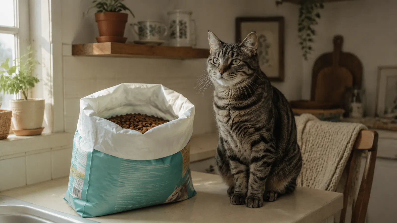 Gray tabby cat sitting beside an open bag of Purina Pro Plan kibble on a kitchen counter