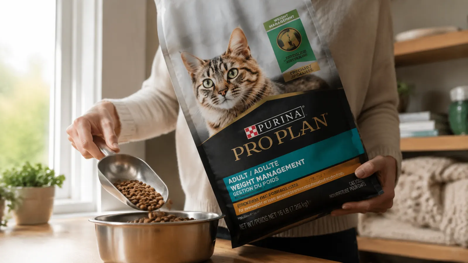 Hand scooping Purina Pro Plan Chicken and Rice kibble into a stainless steel cat bowl
