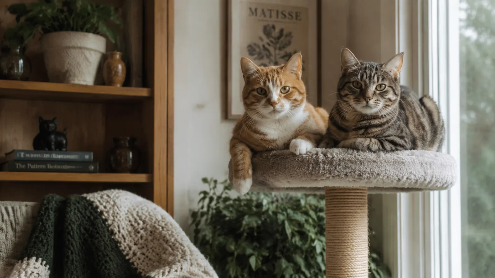 Orange tuxedo cat and gray tabby cat resting side by side on a cat tree perch near a sunny window
