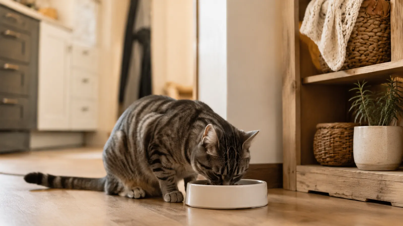 Gray tabby cat eating dry kibble from a ceramic bowl on a wooden kitchen floor