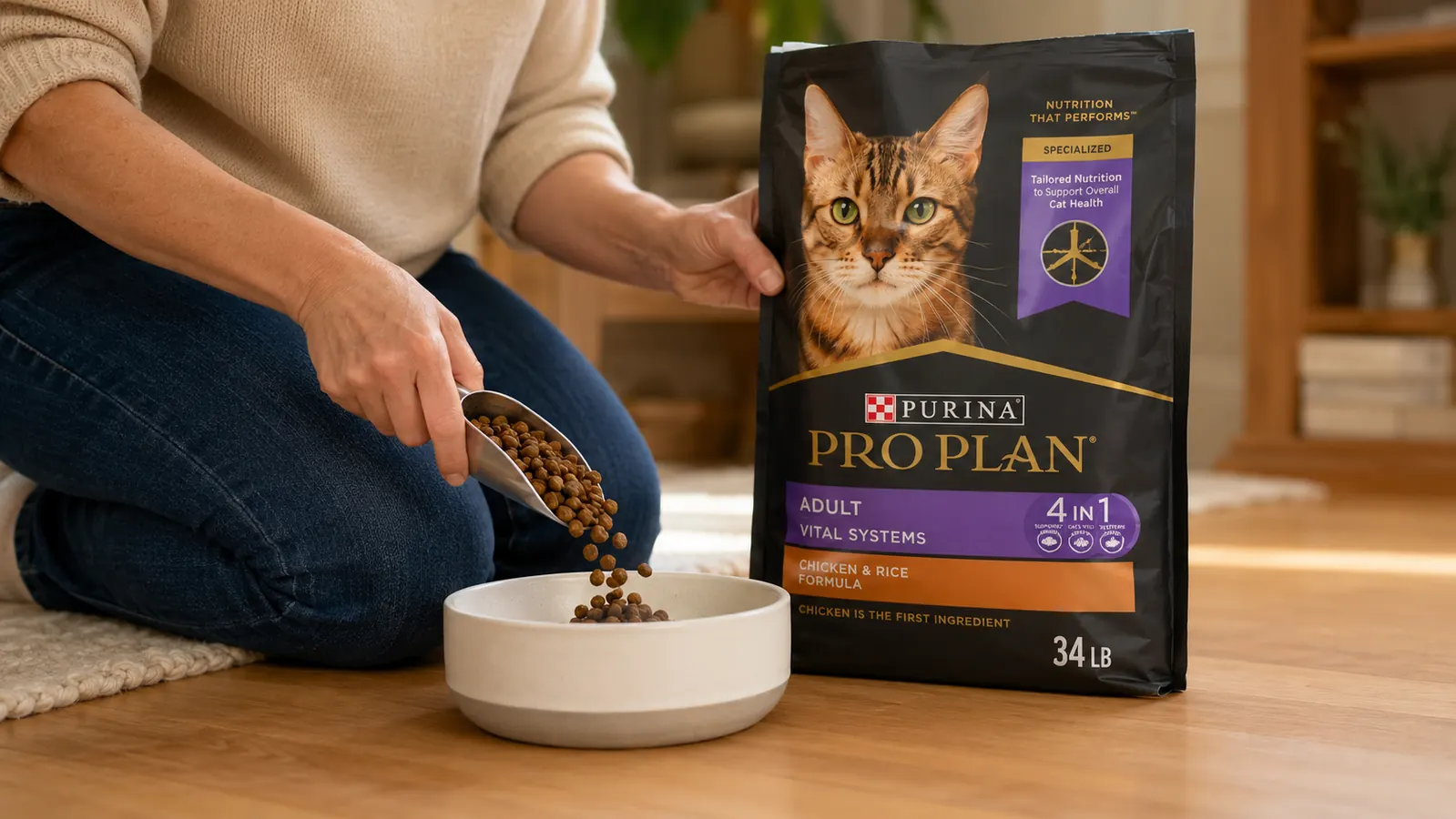 Hand scooping Purina Pro Plan dry kibble into a ceramic food bowl