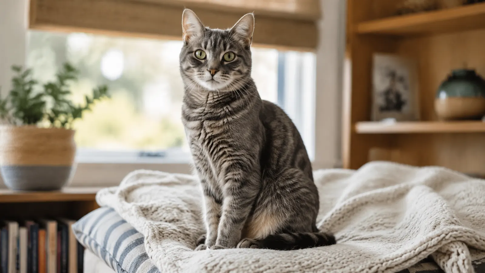 Gray tabby cat with glossy coat sitting upright and alert