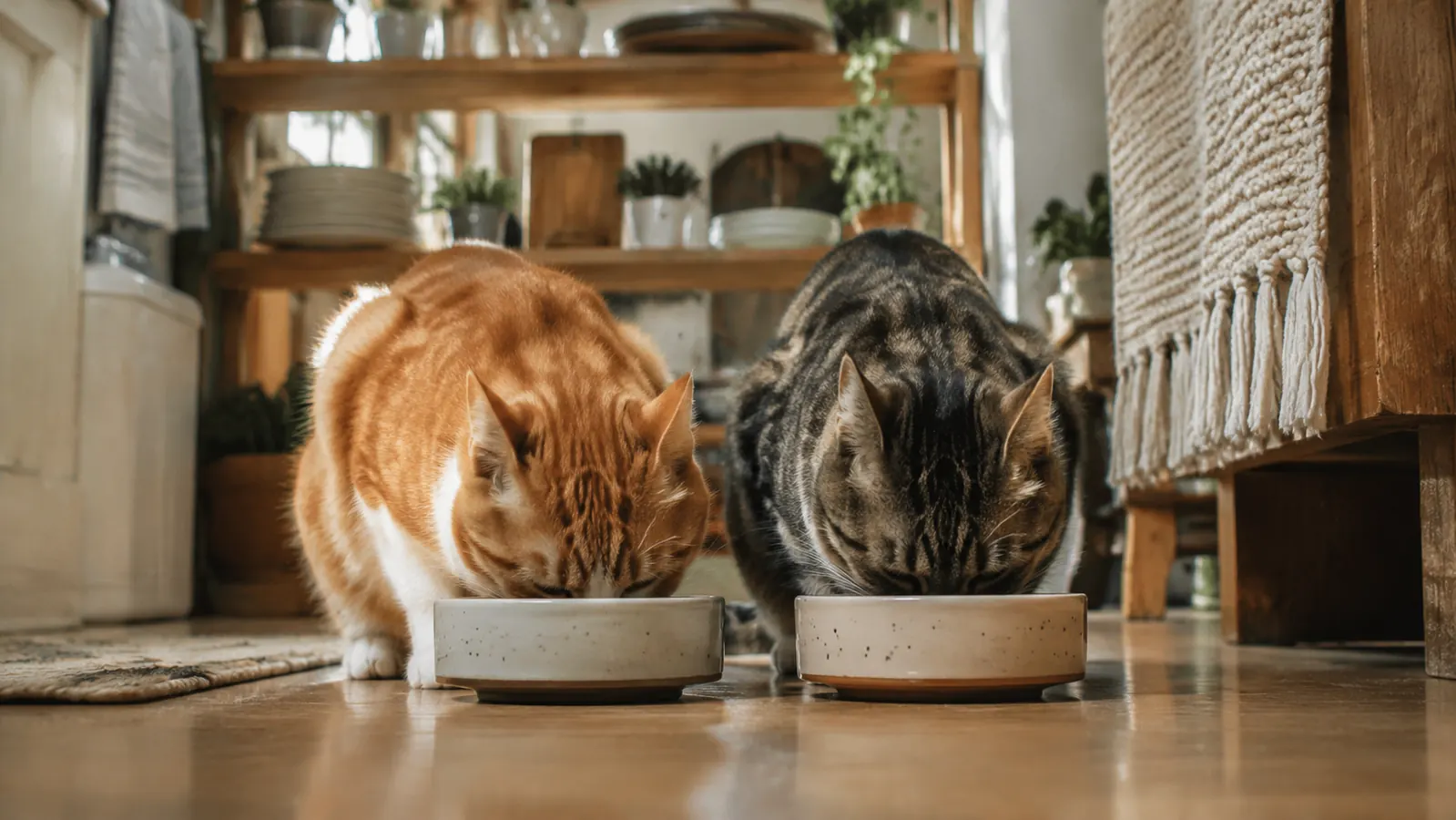 Two cats eating from side-by-side bowls on a kitchen floor