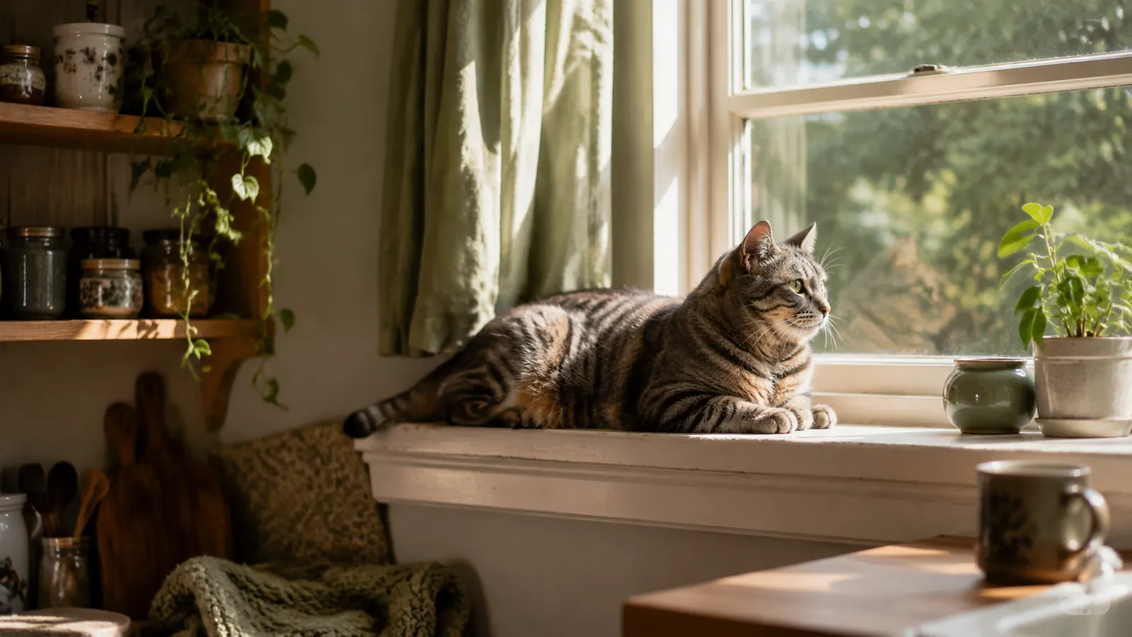 Gray tabby cat resting on a kitchen windowsill in soft morning light
