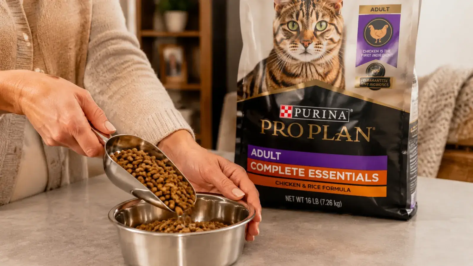 Hand scooping dry cat food kibble from a Purina Pro Plan bag into a stainless steel bowl