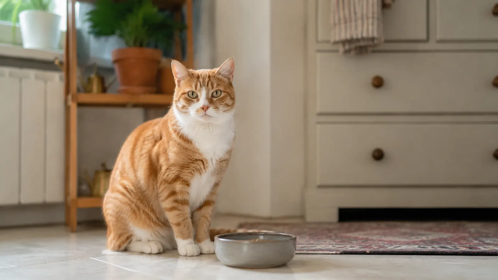Orange tuxedo cat sitting alertly next to a full food bowl, looking healthy and engaged