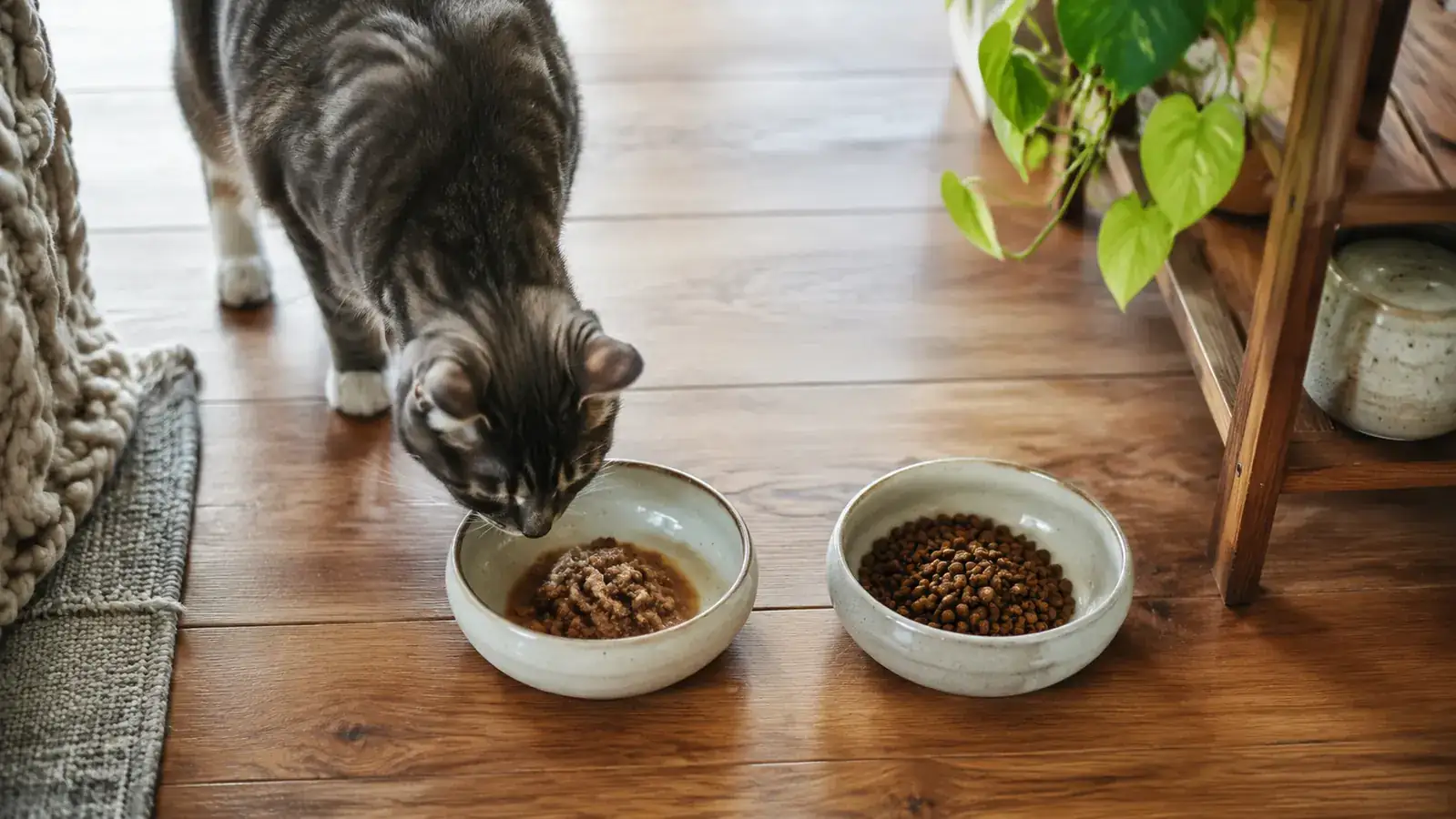 Two cat food bowls side by side on a wooden floor, one empty and one still full, with a gray tabby cat choosing the left bowl