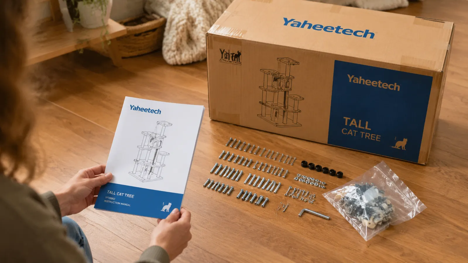 Close-up of the Yaheetech cat tree assembly hardware bag and instruction sheet spread on a hardwood floor