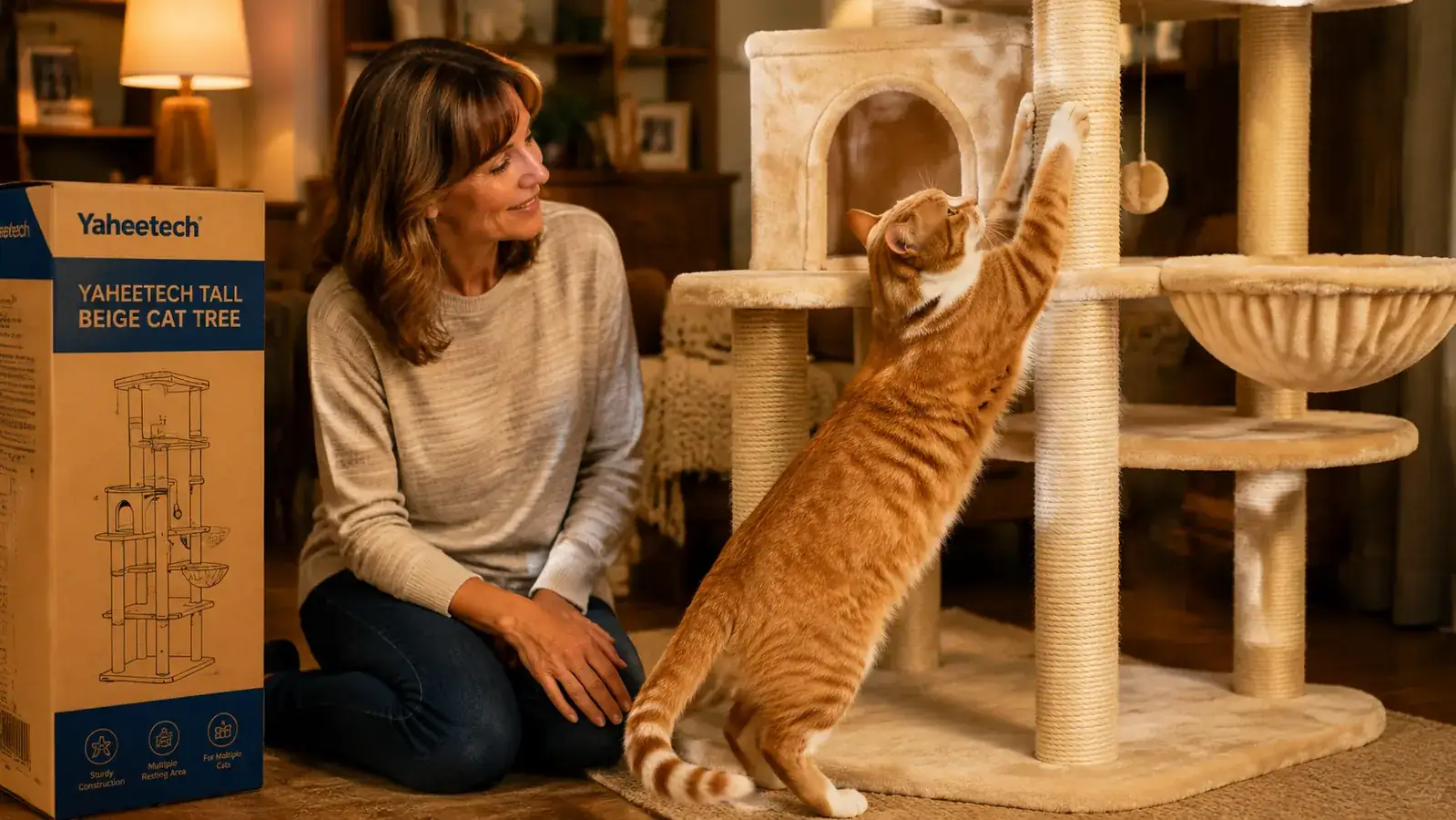 Orange tuxedo cat stretching and using the sisal scratching post on the lower section of the cat tree