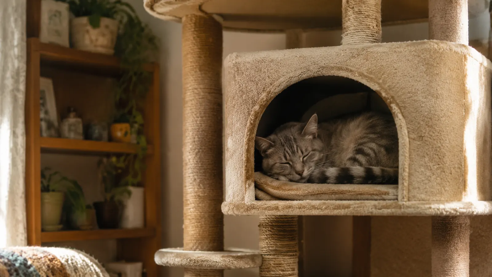 Gray tabby cat curled up napping inside the enclosed condo on the Yaheetech cat tree