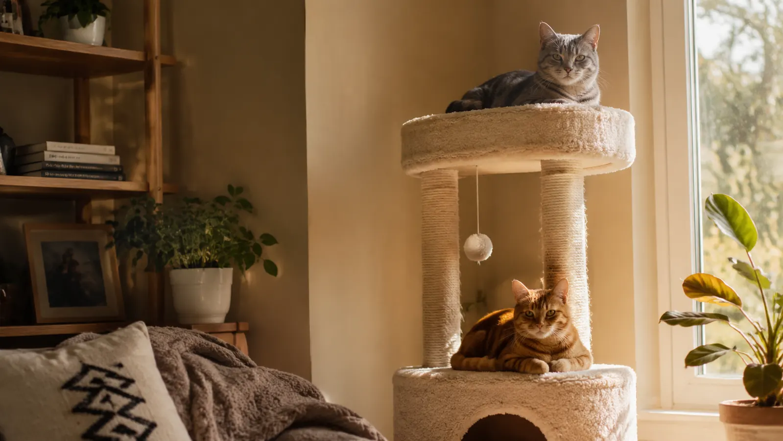 Large beige cat tree standing 82 inches tall in a bright living room corner, two cats visible on upper perches