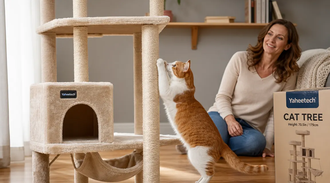 Orange cat climbing the sisal-wrapped scratching post on a tall beige cat tree