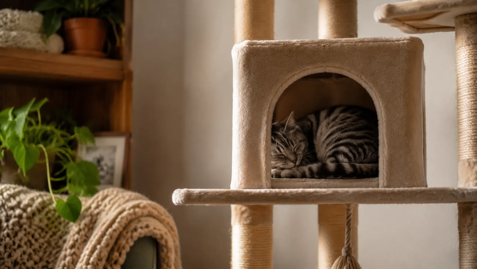 Gray tabby cat napping inside a cozy condo box on a beige cat tree