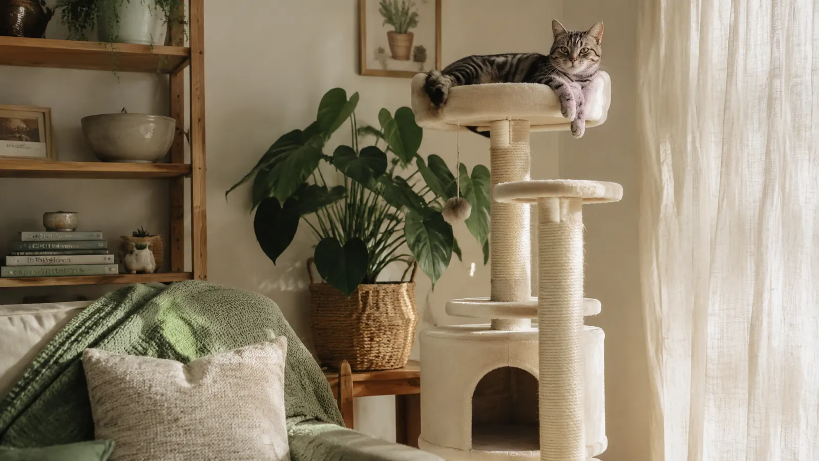 Tall beige cat tree standing in a sunlit living room corner with a gray tabby cat resting on the top perch