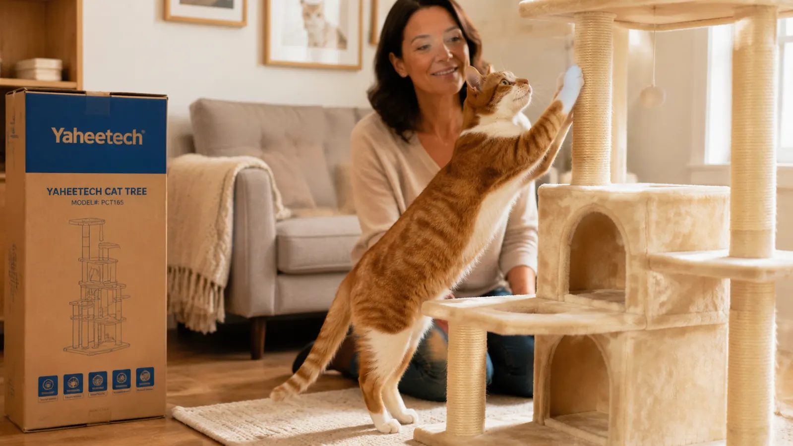 Orange tuxedo cat scratching the sisal post of a tall beige cat tree