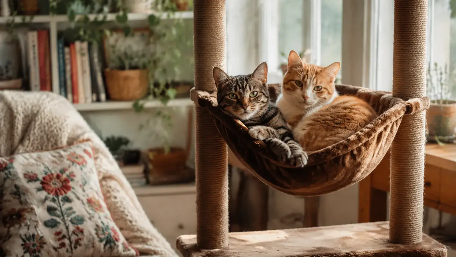 Gray tabby and orange tuxedo cat sharing a hammock on a cat tree together